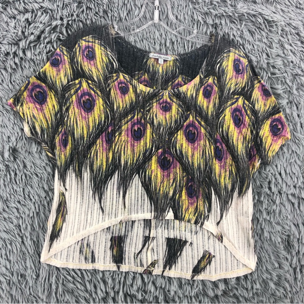Charlotte Russe Top Womens Small Peacock Feather Hi Low Shirt
